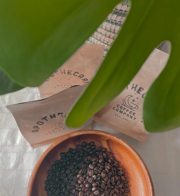 An overhead shot of two kraft Apothecary Coffee Company bags beside a wooden bowl of roasted coffee beans, with a green indoor plant in the foreground.