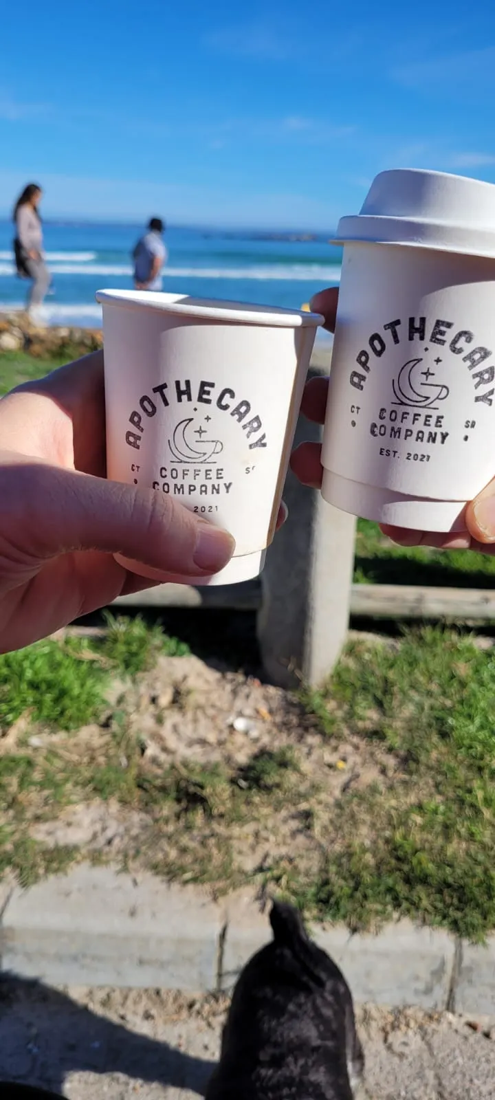 Two hands each holding an Apothecary Coffee takeaway cup, toasting together with the beach and ocean in the background