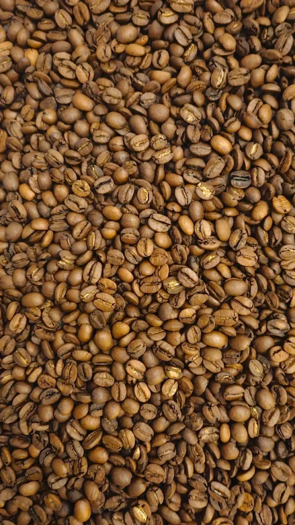 Extreme close-up of medium-roasted coffee beans showing an even golden-brown colour and light oil sheen