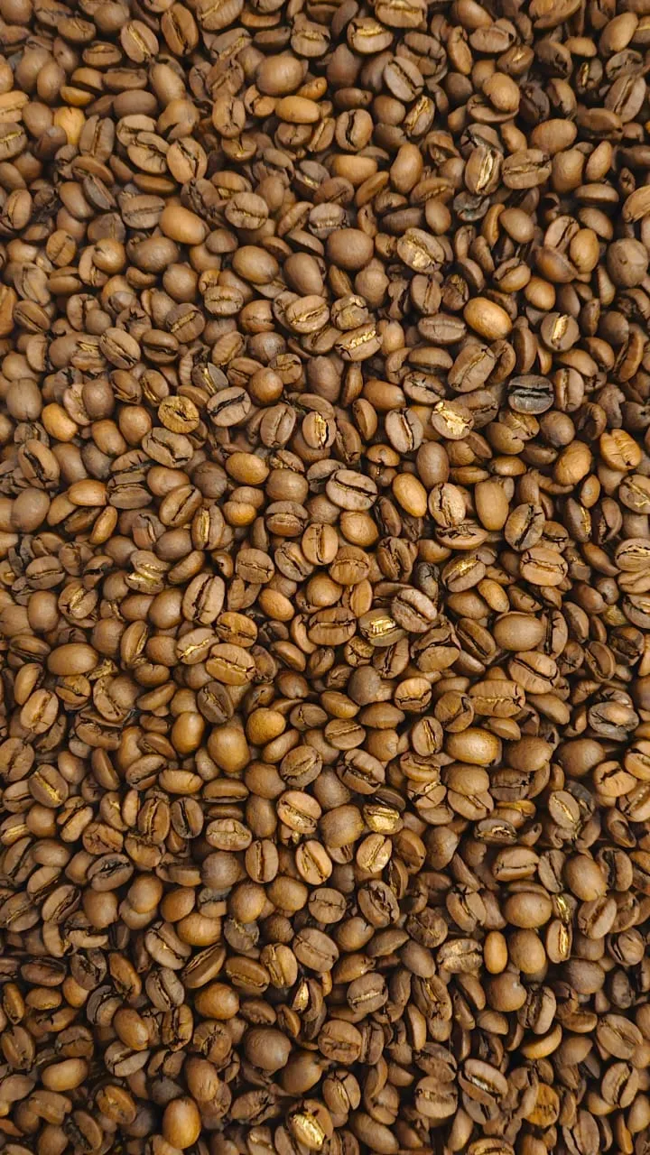 Extreme close-up of medium-roasted coffee beans with an even golden-brown colour and a light oil sheen