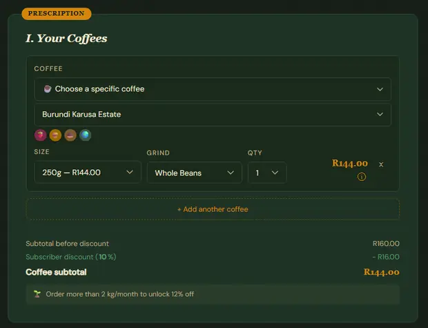Choosing coffee, size and grind on the Apothecary subscription builder